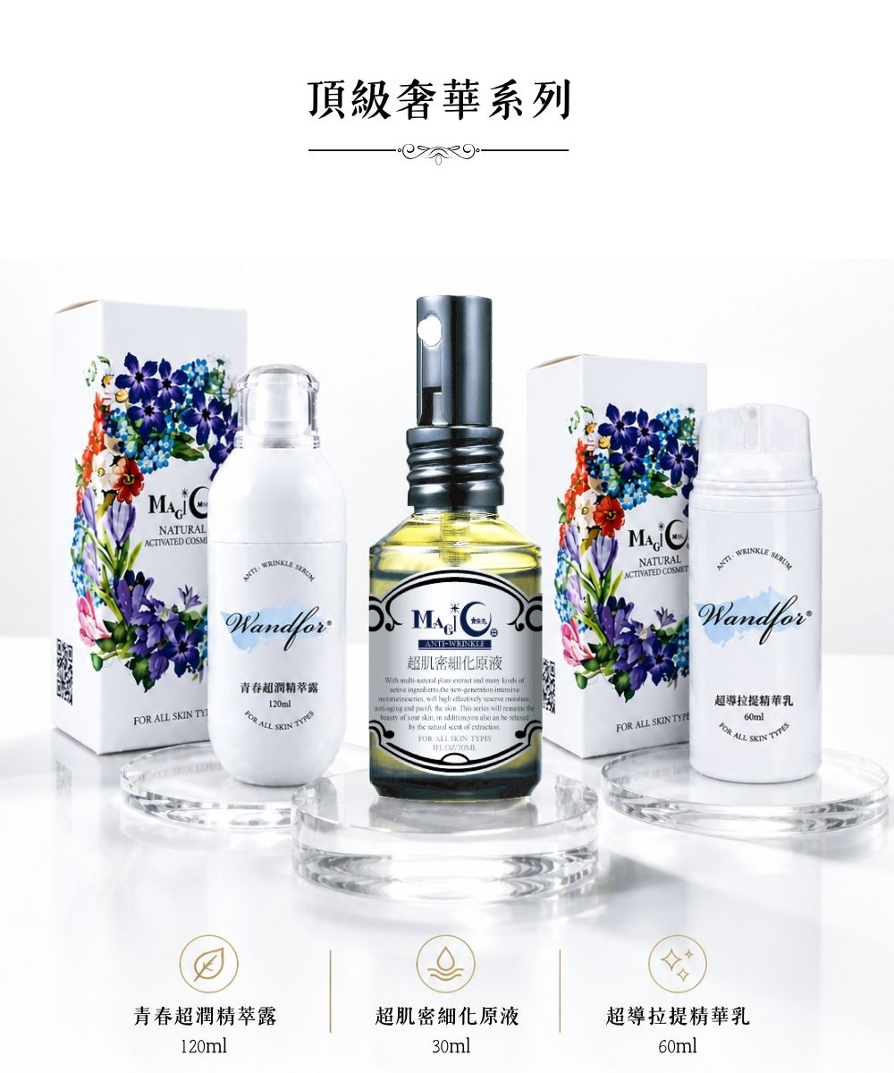 頂級奢華系列：青春超潤精萃露、超肌密細化原液、超導拉提精華乳